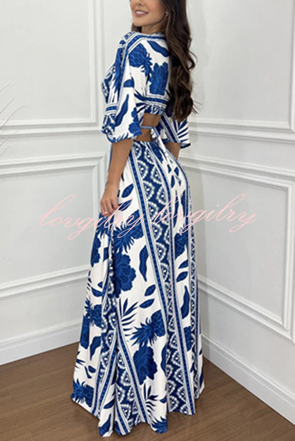 Wilma Unique Print Cutout Elastic Waist Tie-up Kimono Sleeve Maxi Dress