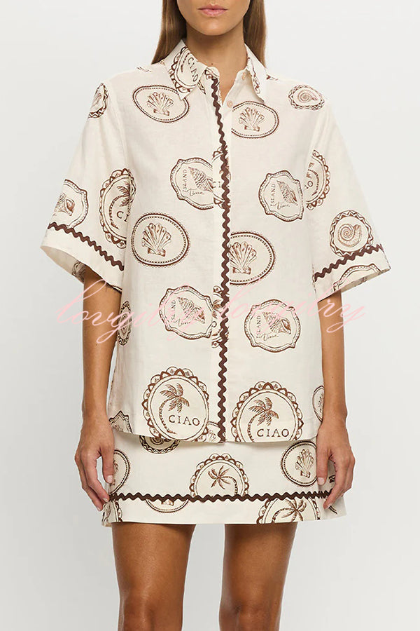 Resort Style Print Lapel Short Sleeve Shirt and Casual Mini Skirt Set