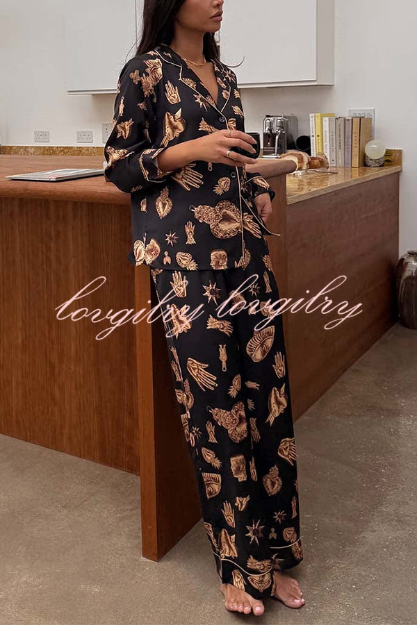 Golden Night Unique Print Color-block Trim Loose Shirt and Elastic Waist Pocketed Pajama Set
