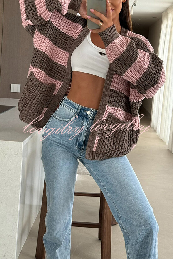 Fashionable Patchwork Striped Casual Pocket Knitted Sweater