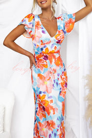 Say I Do Satin Floral Print Cap Sleeves Maxi Dress