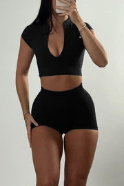 Fashionable Sports Yoga Style V-neck Crop Top and Stretch Slim Shorts Set