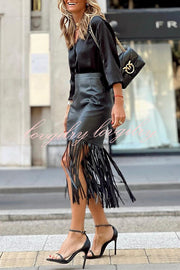 Haow Solid Color Fringed Paneled Leather Skirt