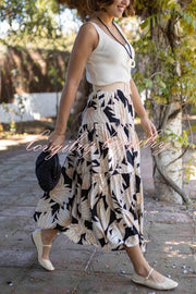 Resort Style Botanical Print Elastic Waist Loose Stitching Midi Skirt