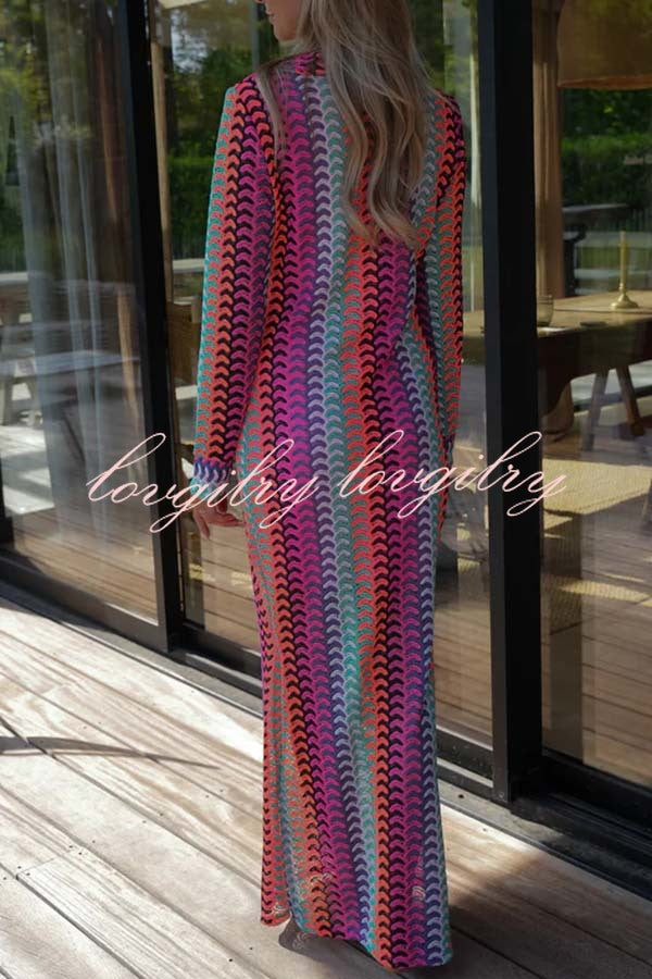 Eleanor Knit Colorful Wave Unique Print Shirt U-neck Long Sleeve Slit Maxi Dress
