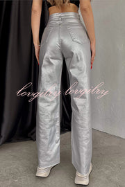 Stylish Metallic Fabric Pocket Casual Straight Wide-Leg Pants