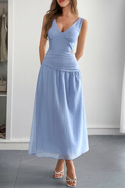 Solid Color V-neck Sleeveless Waist Hollow Out Maxi Dress