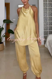 Satin Solid Pocket Loose Casual Pants