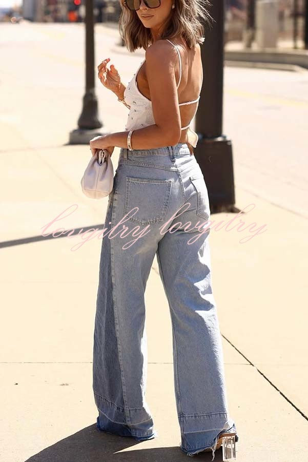 Ellison Denim Side Colorblock High Rise Pocket Wide Leg Jeans
