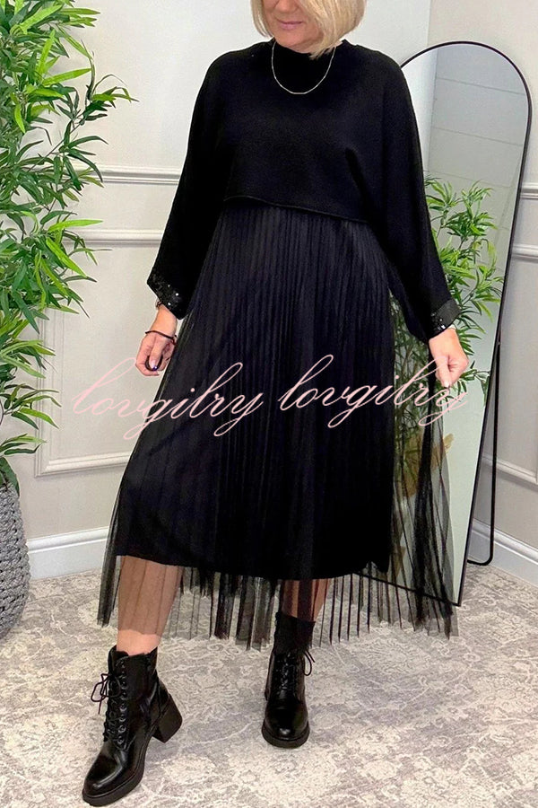 Fenna Ribbed Sequin Trim Batwing Sleeve Sweater and Pleated Tulle Stretch Tank Midi Dress Two-piece Set