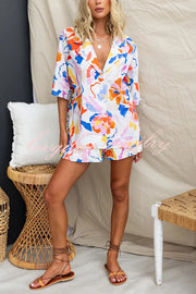 Viva La Travel Unique Print Loose Button Shirt and Elastic Waist Shorts Set