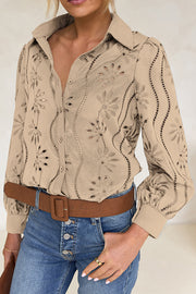 Fashion Hollow Puff Sleeve Casual Lapel Loose Shirt