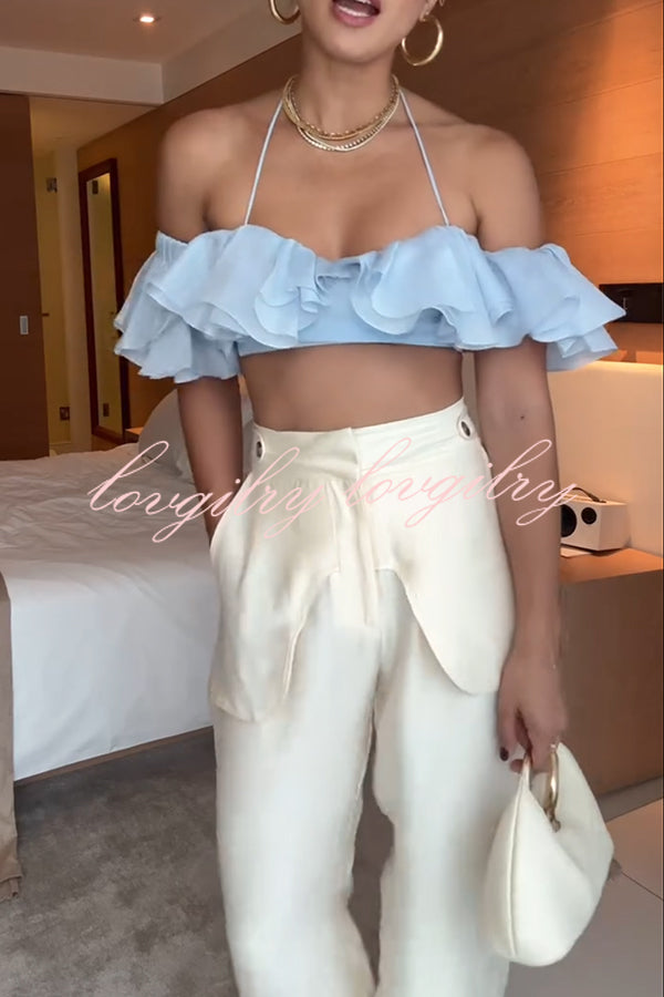 So Chic Linen Blend Tiered Ruffles Bell Sleeve Back Elastic Crop Top