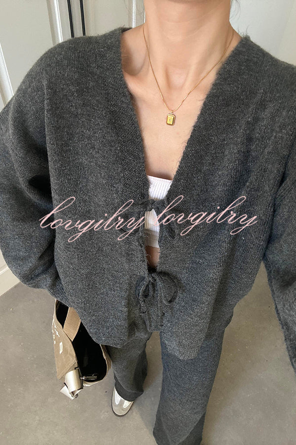Solid Color V-neck Tie Long-sleeved Loose Knit Cardigan and Elastic Waist Casual Straight Leg Pants Set