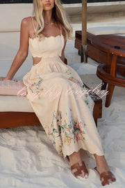 Cabo Sunsets Floral Print Petal Trim Back Lace-up Midi Dress