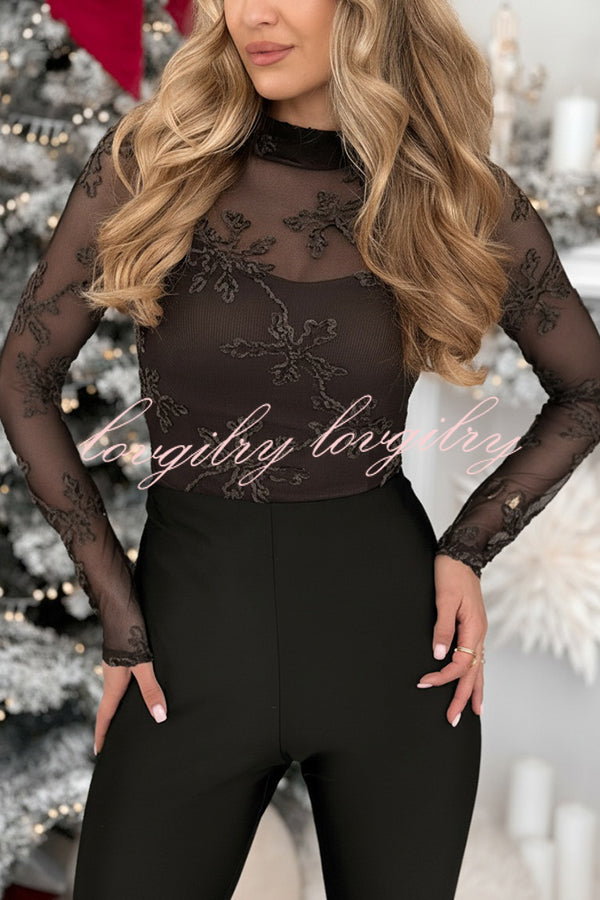 Must-have for Date Mesh Embroidery High Neck Long Sleeve Stretch Top