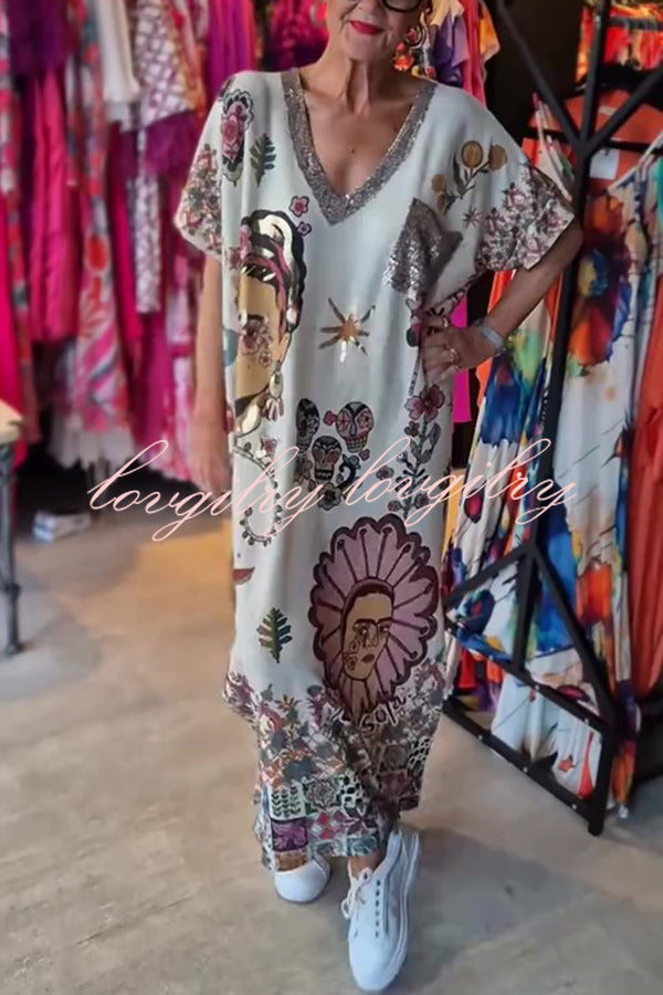 Fashion Printed V-neck Short-sleeved Casual Loose Maxi Dress