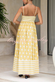 Striped Polka-dot Print Sling Pleated Open-back Maxi Dress