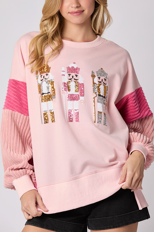 Christmas Nutcracker Sequined Patchwork Sleeve Color Block Sweatshirt