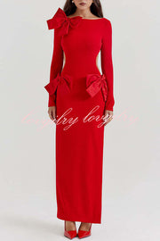 Lovely Bow Cutout Button Back Zipper Long Sleeve Maxi Dress