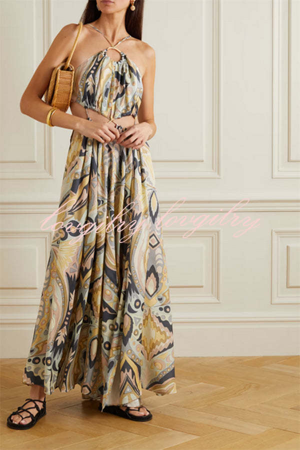 Vacation Feelings Unique Print Halter Ring Cutout Slit Maxi Dress