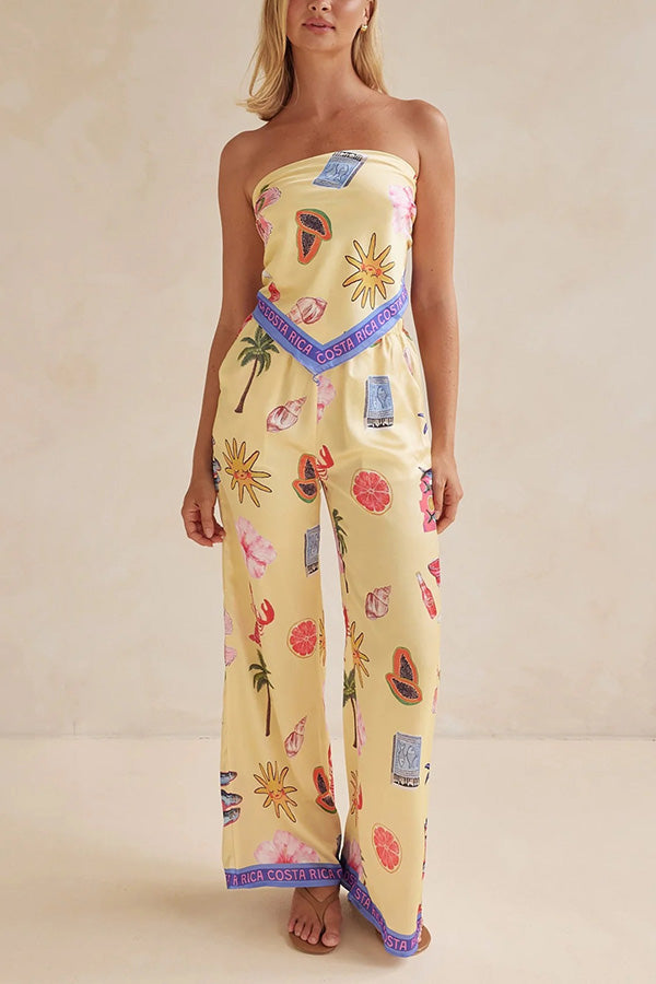 Linen Blend Unique Printed Bandeau Top and Elastic Waist Pocket Pants Set