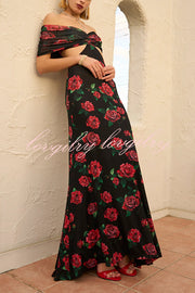 Rose Print Sexy Strapless Backless Slim Maxi Dress