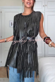 Modern Times Faux Leather Layered Tassel Design Sleeveless H-line Mini Dress