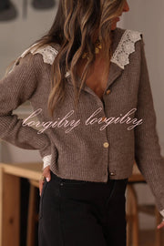 Fashionable Lace-trimmed Sailor Collar Casual Knit Cardigan