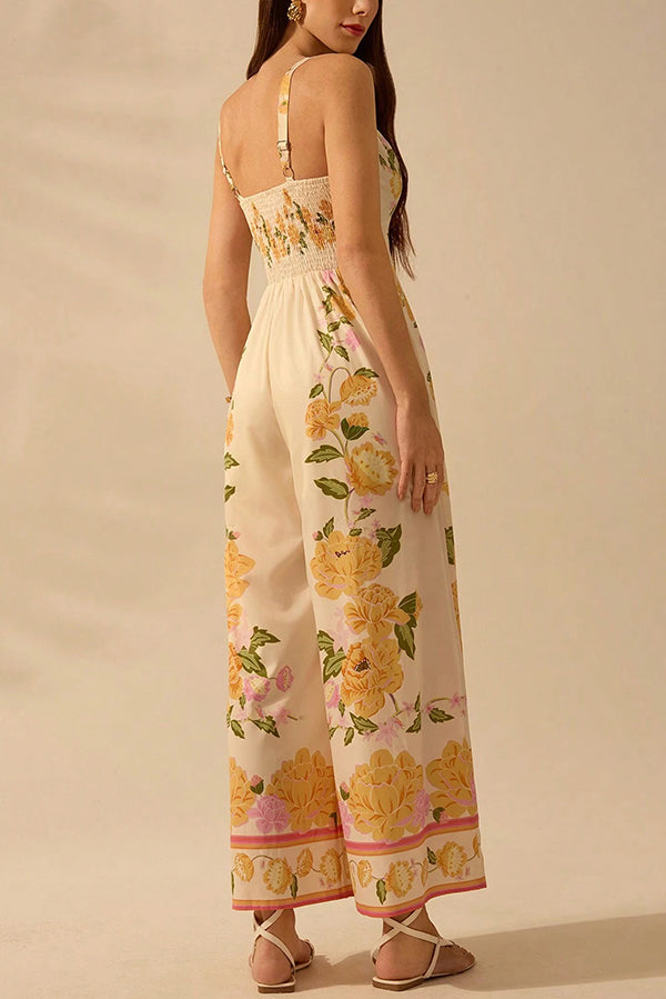 Bohemian Style Plant Print Casual Sling Holiday Loose Jumpsuit