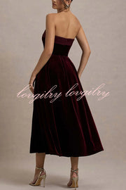 Center of Attention Velvet Satin Neck Bandeau Pleated Midi Dress