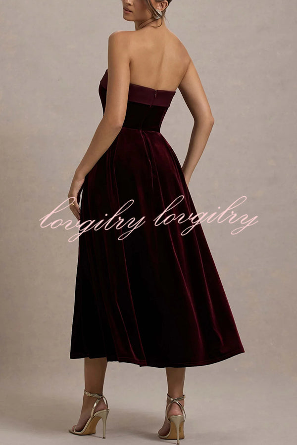 Center of Attention Velvet Satin Neck Bandeau Pleated Midi Dress