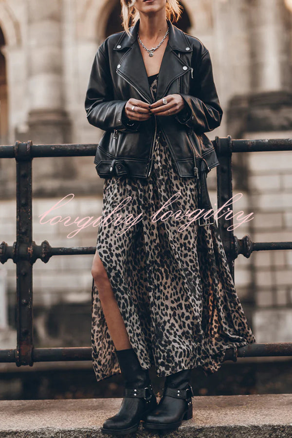 Minimal and Chic Leopard Print Long Sleeve A-line Slit Flowy Maxi Dress