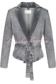 Casual Meetup Denim Stand Neck Long Sleeve Belted Loose Jacket