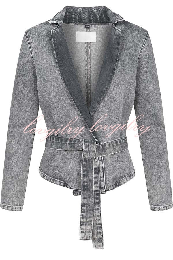 Casual Meetup Denim Stand Neck Long Sleeve Belted Loose Jacket