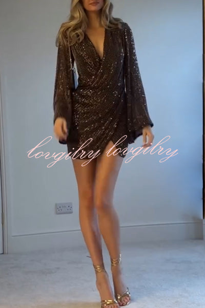 New Years Eve Sequin Deep V-neck Front Cross Long Bell Sleeve Mini Dress