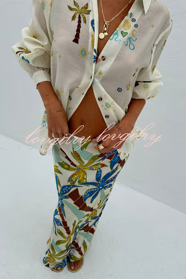 Linen Blend Resort Coconut Palm Print Long Sleeve Lapel Shirt and Elastic Waist Casual Pocket Shorts Set