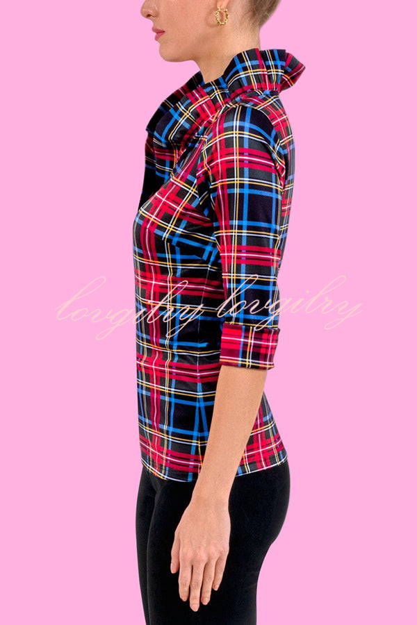 Duke of York Holiday Plaid Ruffle Stand Neck Half Sleeve Blouse