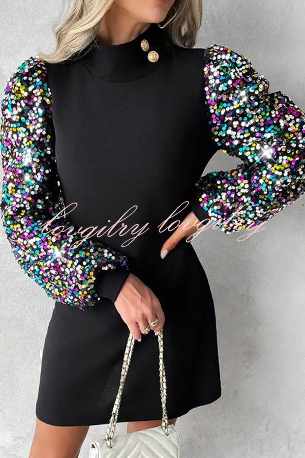 Color Block Turtleneck Balloon Sleeves Sequined Button Mini Dress