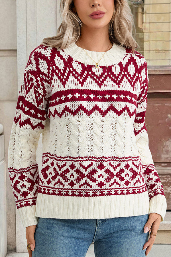Christmas Ethnic Style Round Neck Long Sleeve Loose Cable Knit Sweater