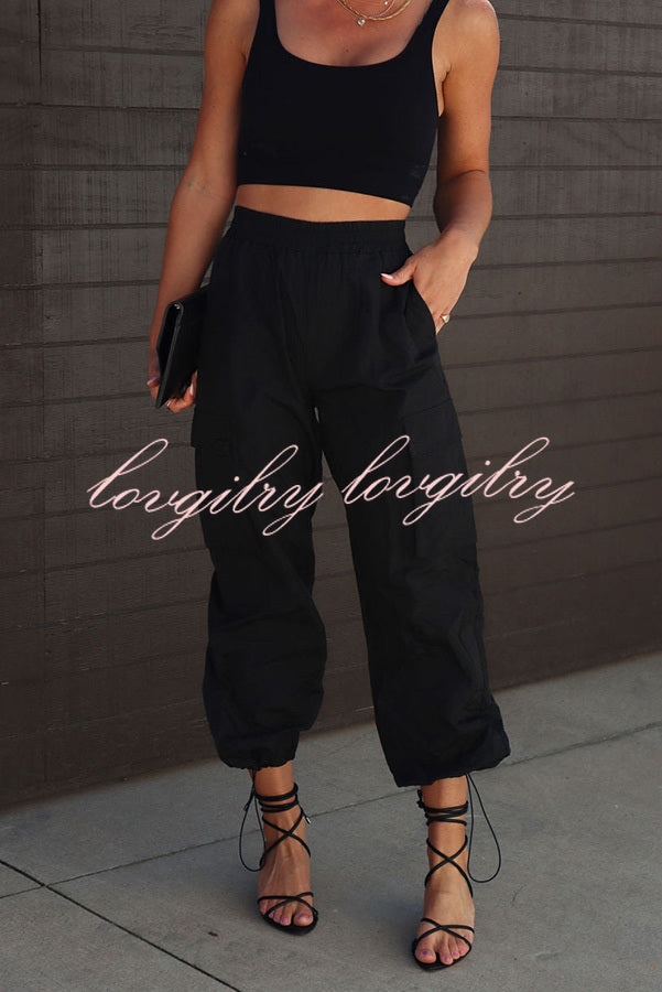 Let’s Rewind Nylon Elastic Waist Pocketed Cargo Pants