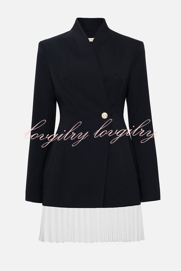 Fashionable Contrast Color Elegant Long Sleeve Pleated Suit Mini Dress