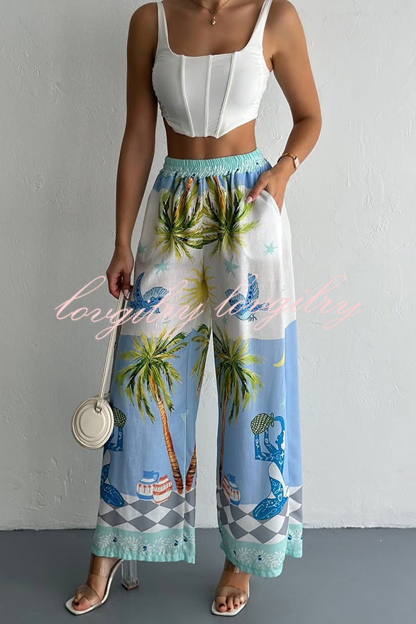 Holiday Style Print Loose Long Sleeve Shirt and Elastic Waist Loose Pocket Wide Leg Pants Set