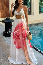 Lily Crochet Knit Bust Ring Floral Print Tulle Hem Maxi Dress