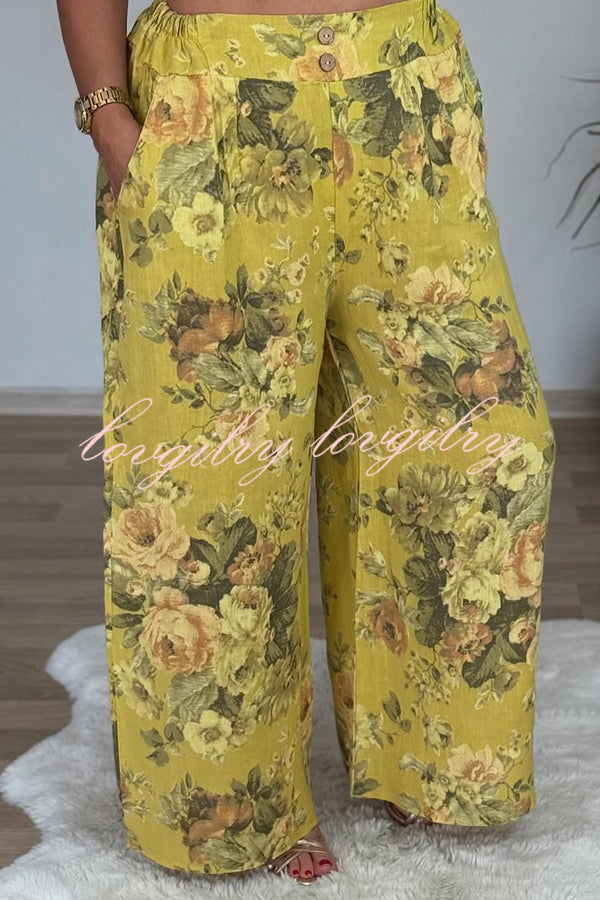Linen Blend Crew Neck Long Sleeve Irregular Loose Top and Elastic Waist Floral Print Casual Pocket Set