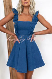 Sweet Secret Denim Square Neck Ruffle Sleeve Stretch Mini Dress