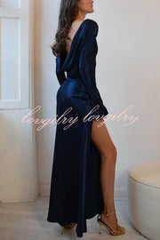 Satin Elegant Long-sleeved Open-back Slim-fit Slit Maxi Dress