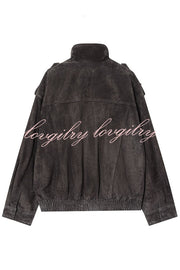 Fashionable Suede Loose Pocket Leather Jacket