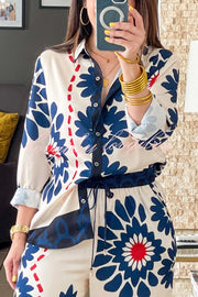 Unique Printed Lapel Long-sleeved Loose Shirt and Casual Pocket Wide-leg Pants Set