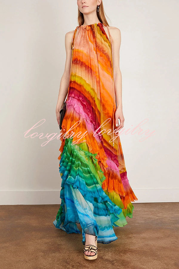 Rosha Georgette Crepe Tie-dye Print Layered Ruffles A-line Maxi Dress